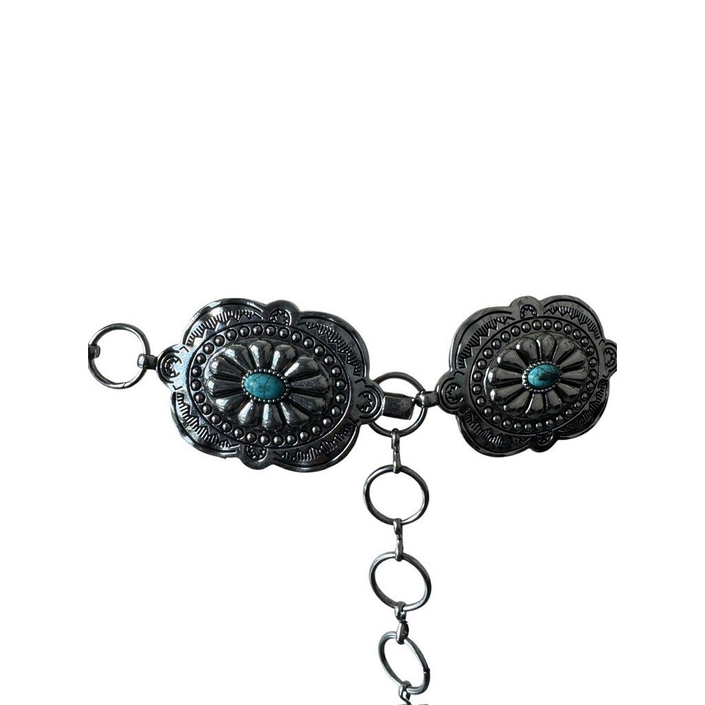 Vintage Cowgirl Silver Oval Concho Turquoise Waist Belt Retro Country Western - Picture 8 of 11